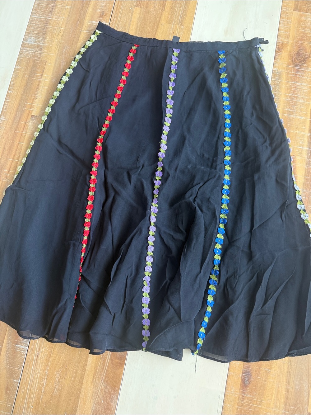 Anthropologie Black A-Line Skirt with Multicolor Floral Stripes